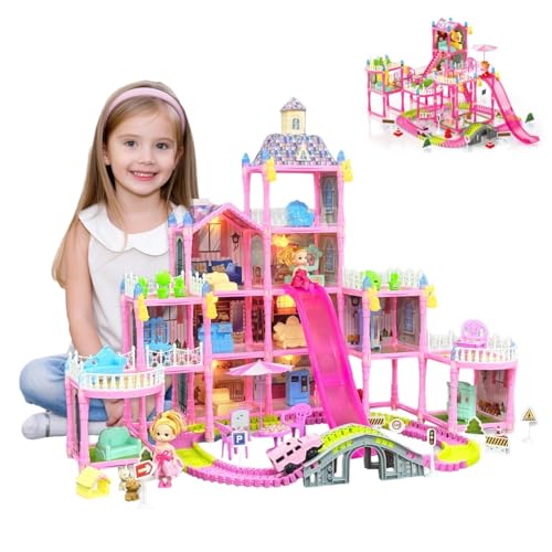 Dream Dollhouse, Racing Track, Dolls House playset with Toy Furniture and 4 Level Slide, Furniture, 3 Doll and 1 Buggy Toy and 10+ Tracks Pet and Puppy Play Area 13 Rooms