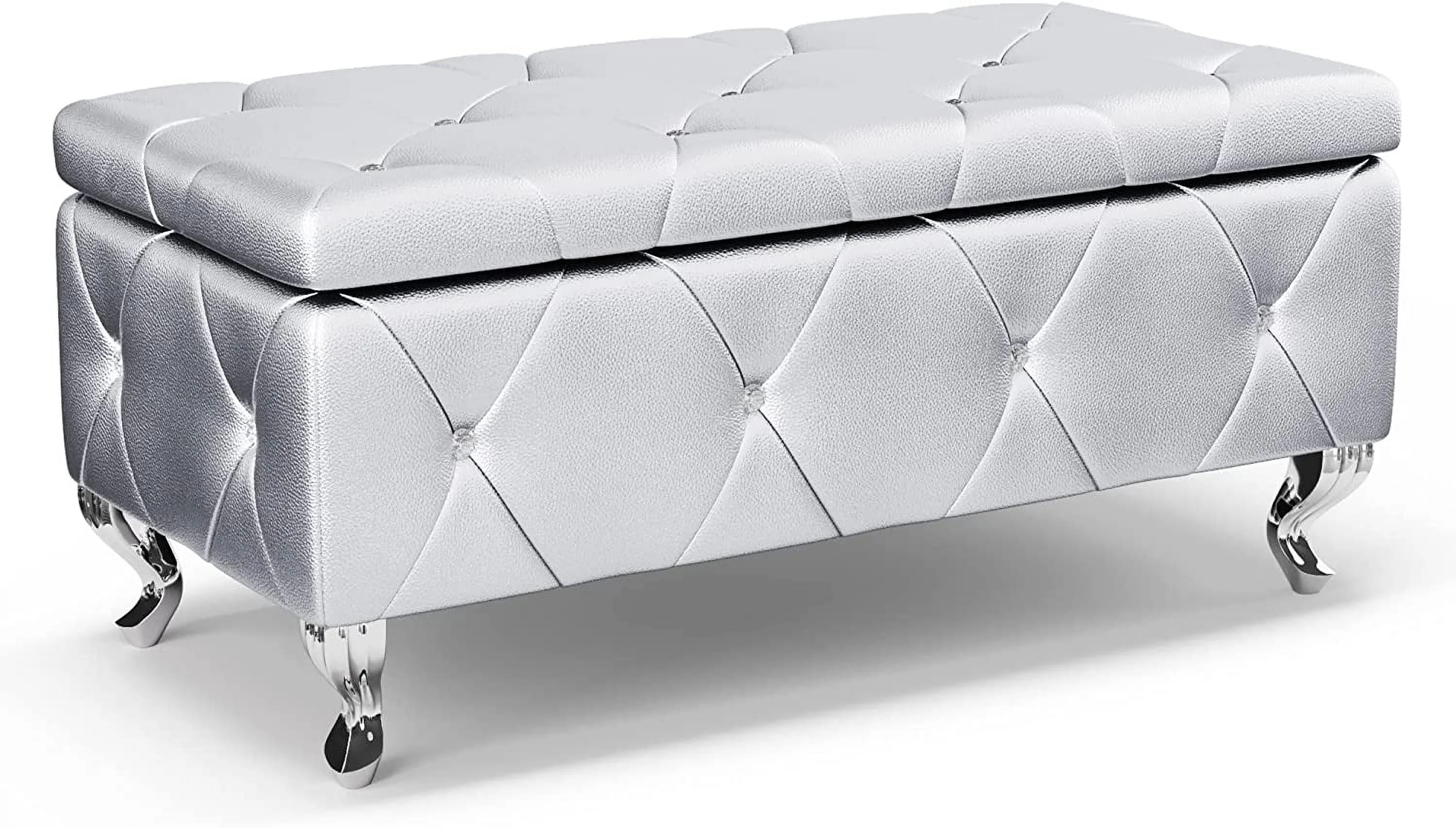 Storage Ottoman Bench, 38'' Upholstered Silver Faux Leather Ottoman with Crystal Tufted Button, Flip Top Foot Rest, End of Bed Bench Seat for Bedroom, Living Room, Vanity, 350LBS