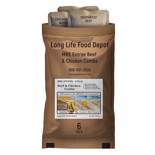 MRE Entrees (6-Pack) – Beef & Chicken Combo | (Southwest Bf & Beef Taco, Chicken Noodles & Chx Stew) | NOT Military Surplus – Sourced from USA Govt Contractor by Long Life Food Depot