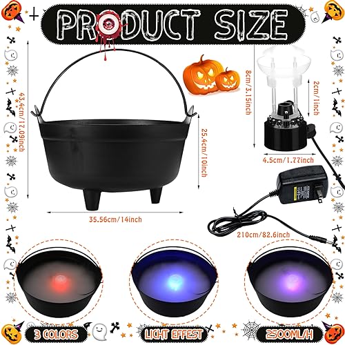 4 Pcs 14'' Halloween Witches Cauldron with 12 LED Light up Mist Maker Fogger Large Decorative Bowls Halloween Black Plastic Witch Candy Bucket Cauldron for Trick or Treat Decoration Favor