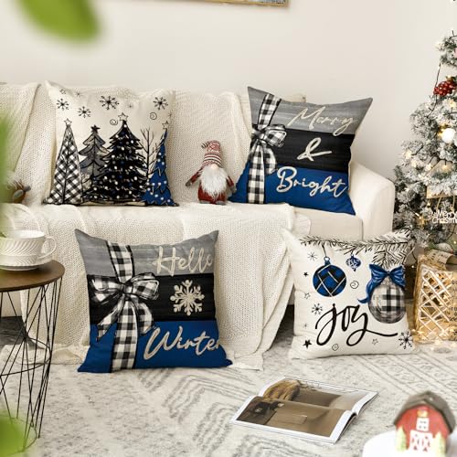 AVOIN colorlife Merry Christmas Joy Xmas Trees Brown Throw Pillow Covers, 18 x 18 Inch Christmas Winter Holiday Cushion Case Decoration for Sofa Couch Set of 4