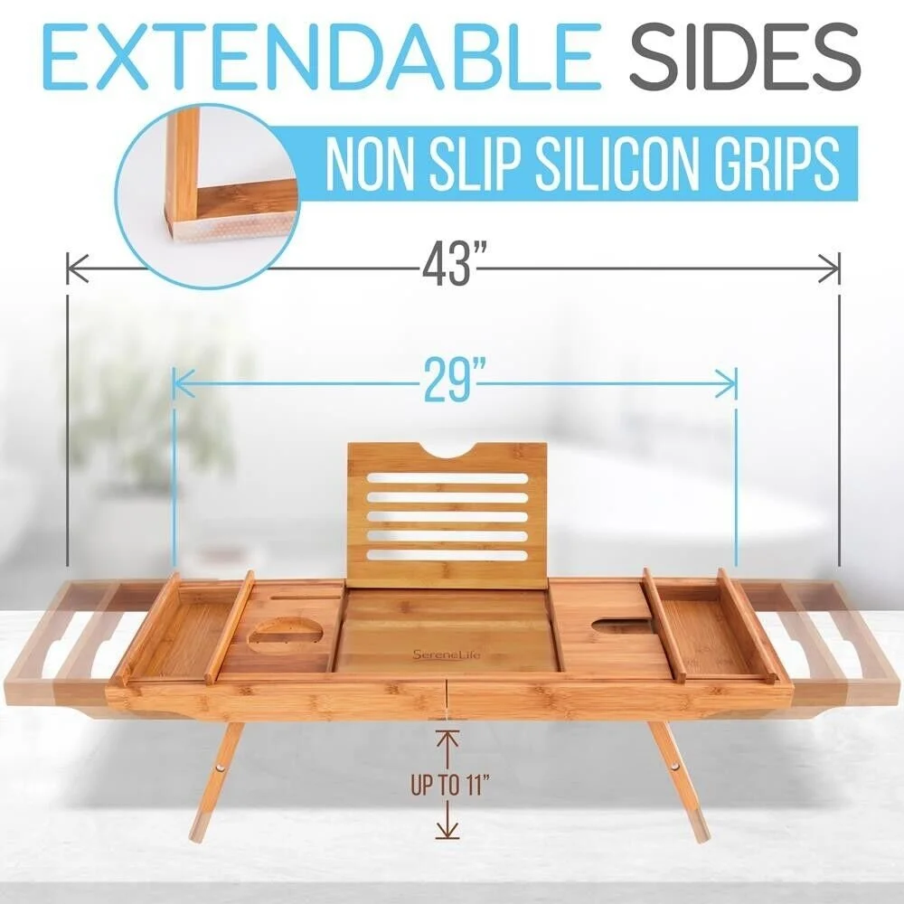 Natural Bamboo Bathtub Caddy - Shower Tub Caddy Tray with Adjustable Length