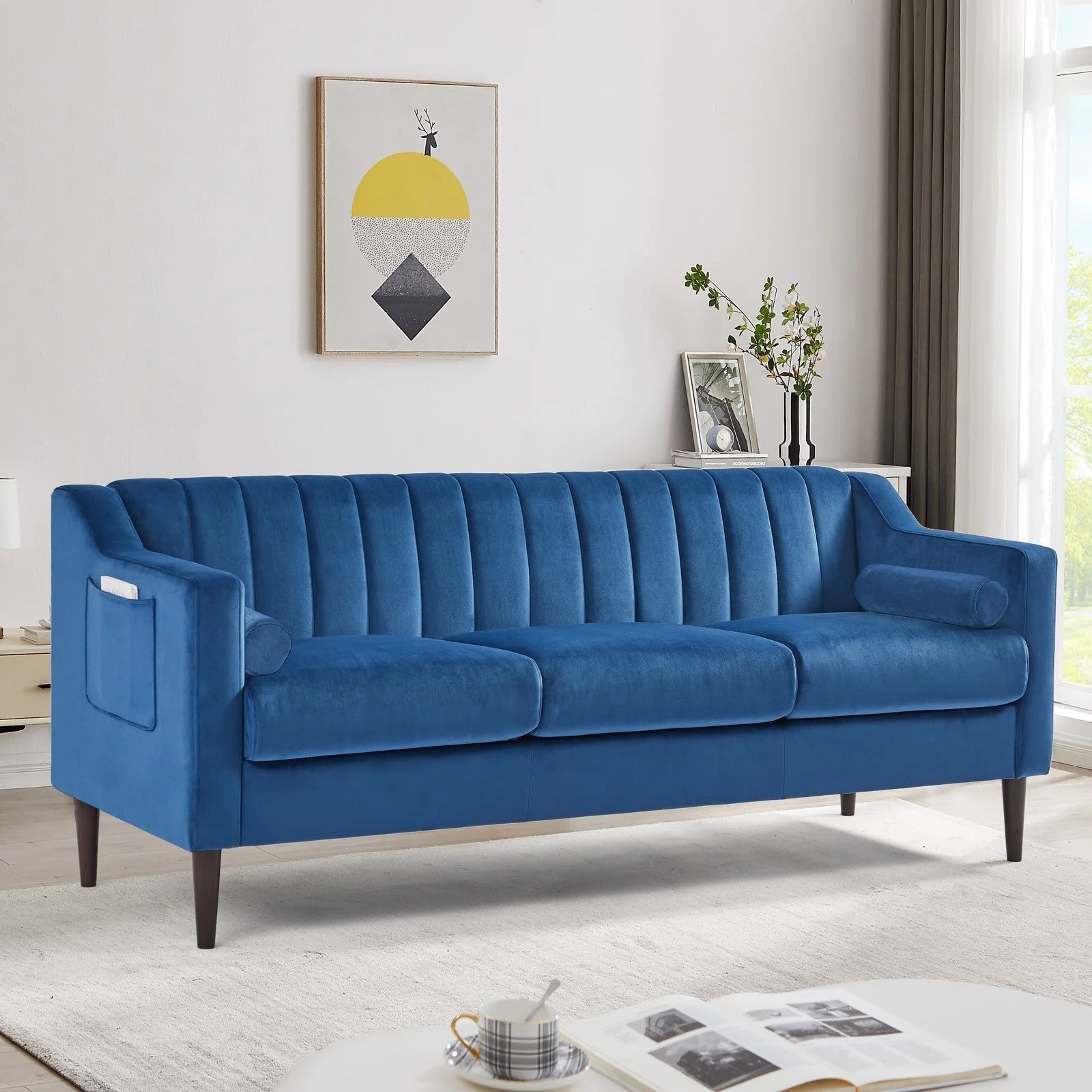 Modern Chesterfield Sofa, Comfortable Upholstered Sofa, Velvet Fabric, Wooden Frame with Wooden Legs, Suitable for Living Room.