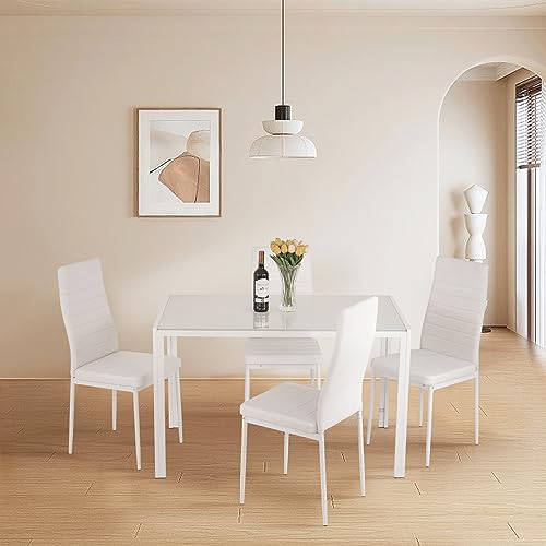 FDW | 5-Piece Dining Table Set | Glass Kitchen Table with 4 Upholstered Chairs | Space-Saving Design | Faux Leather Cushions | Modern Rectangular Table | Black | for Dining Room, Small Spaces