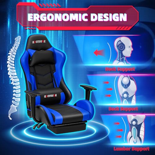 ECOTOUGE PC Massage Gaming Chair with Footrest Ergonomic Office Desk Chair Racing PU Leather Recliner Swivel Rocker with Headrest and Lumbar Pillow, Blue