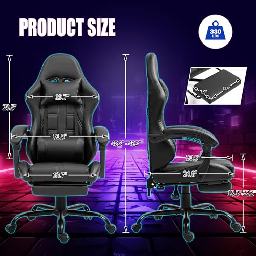 Massage Gaming Chair w/Footrest, Ergonomic High Back PC Chair w/Headrest and Lumbar, PU Swivel Home Desk Office Chair, Black
