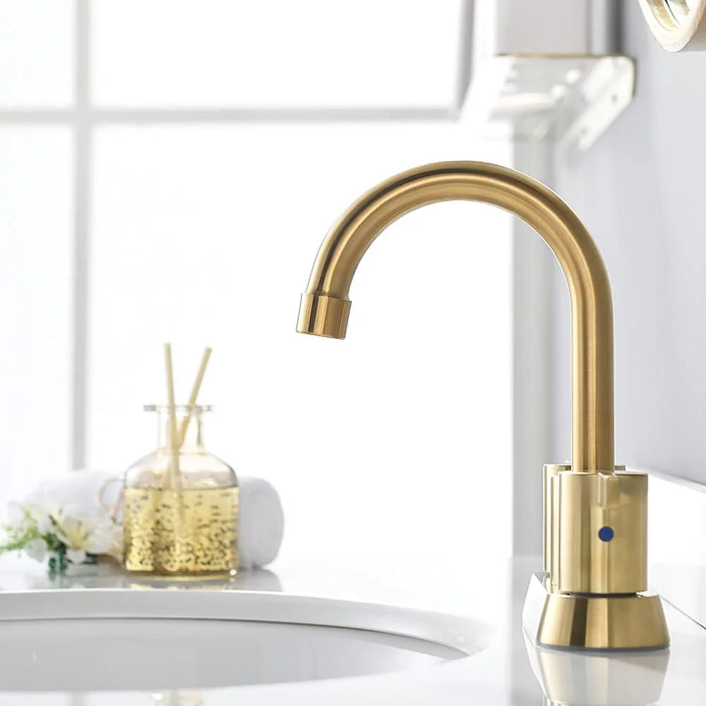 Zovajonia Brushed Gold 4 Inch 2 Handle Centerset Lead-Free Bathroom Faucet, Swivel Spout with Copper Pop Up Drain and 2 Water Supply Lines