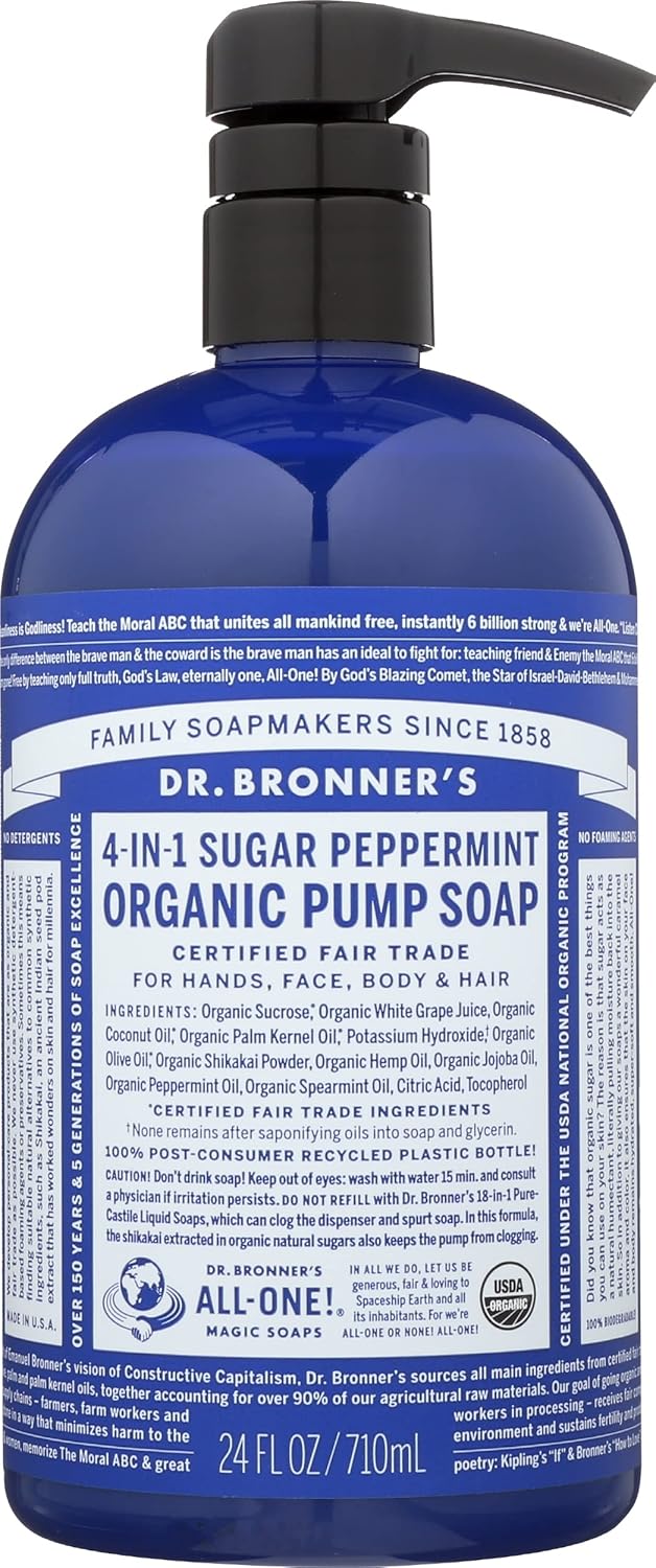 Dr Bronner Organic 4-in-1 Sugar Peppermint Pump Liquid Soap, Vegan, Non GMO, 24 Fluid Ounce (Pack Of 1)