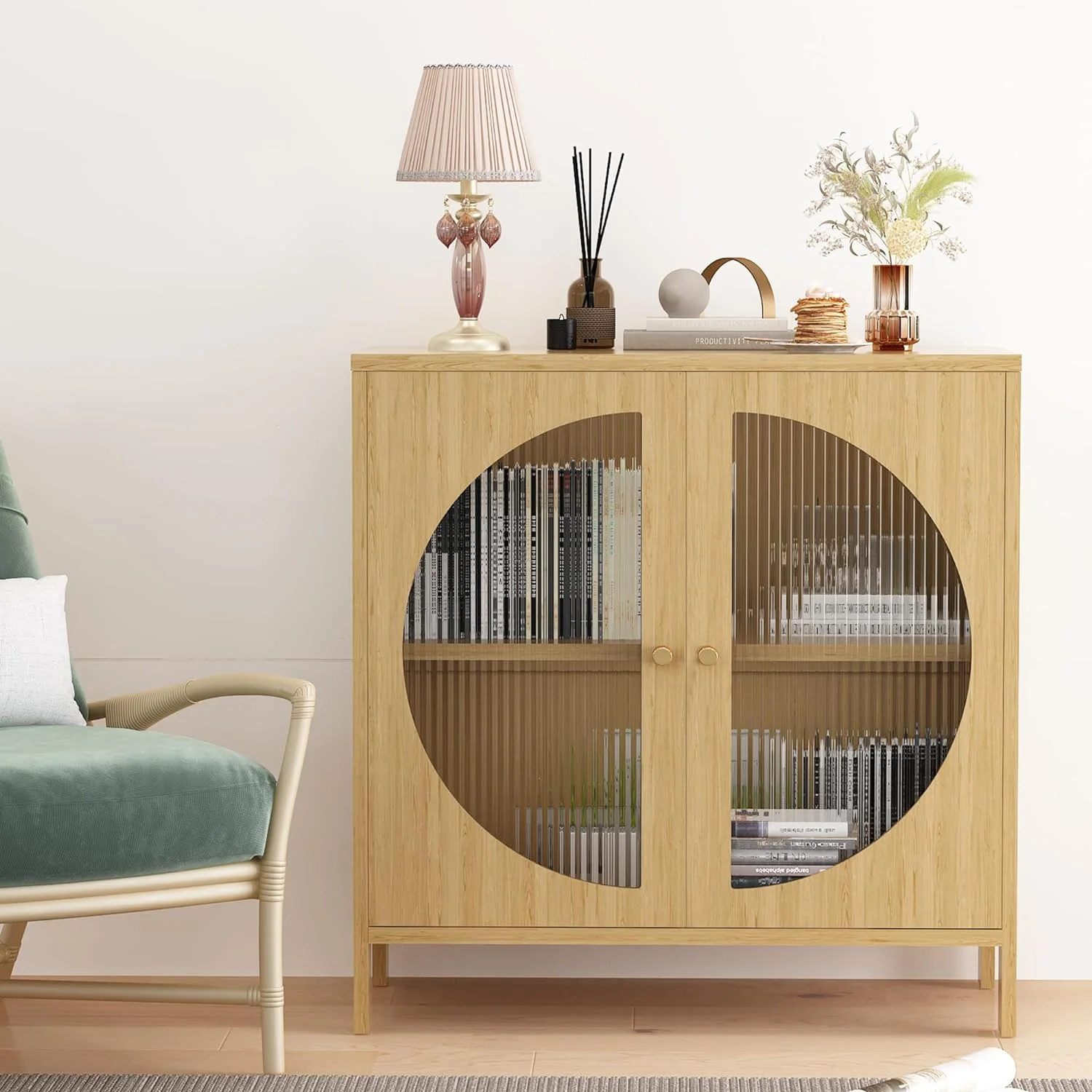 Kitchen Sideboard Buffet, Accent Storage Cabinet with Glass Doors, Cupboard Console Table, Natural Sideboard Cabinet for Living Room, Hallway, Dining Room, Entryway, 31.5X 15.7X 31.5 Inches