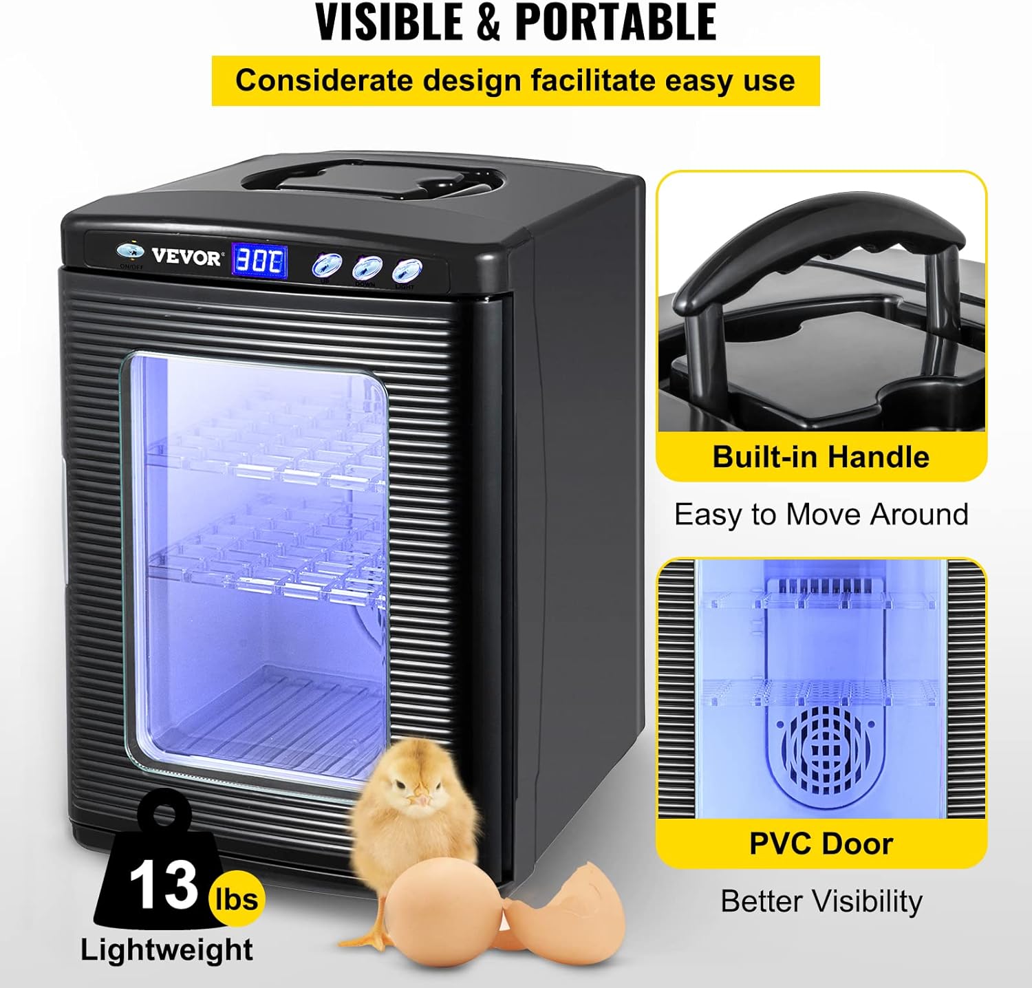 VEVOR Egg Incubator and Hatcher 25L Black Reptile Egg Incubator 5-60°C Scientific Hatcher Heating Bright LED Digital Display for Small Animals