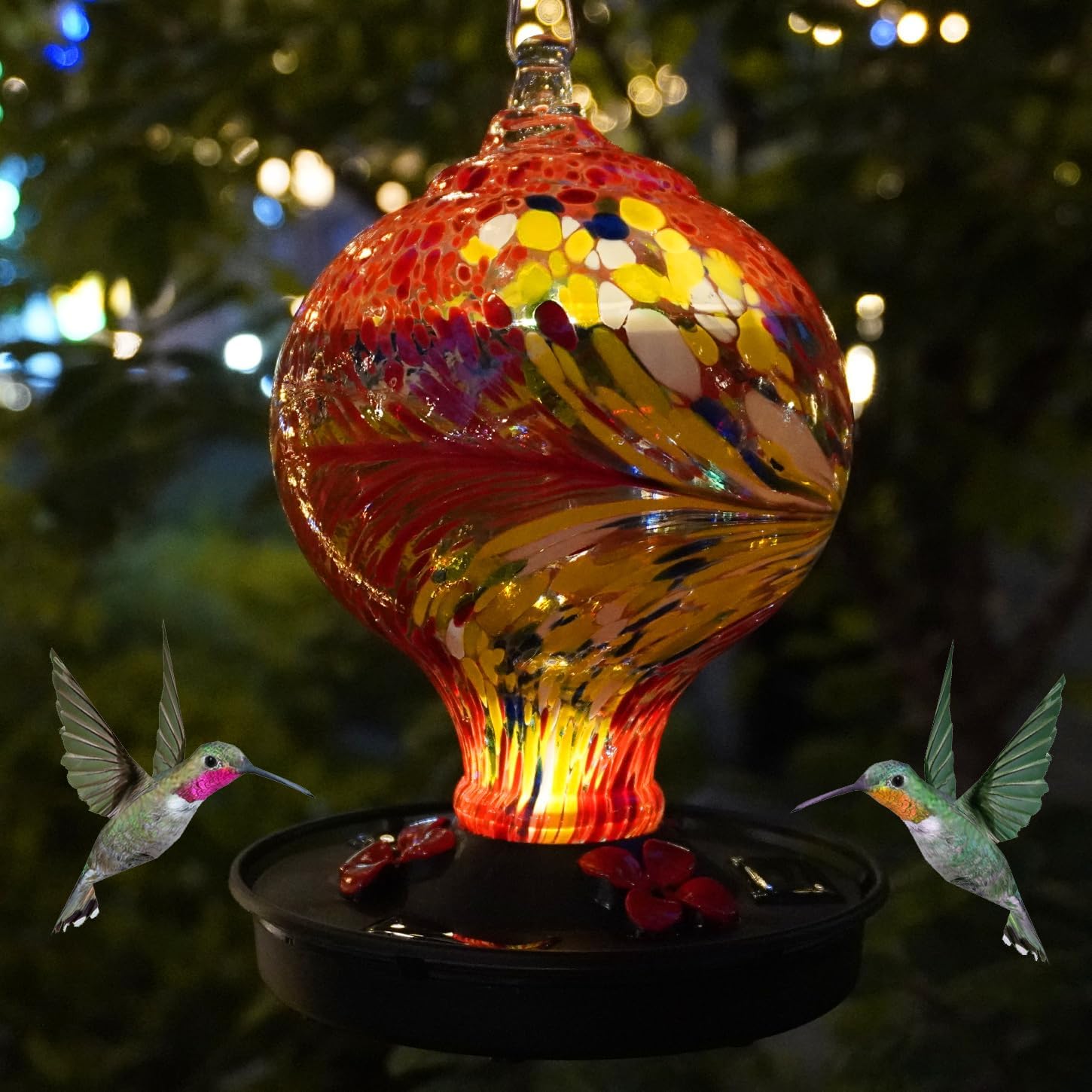 Solar Hummingbird Feeder Handblown Glass for Outdoors Hanging Red