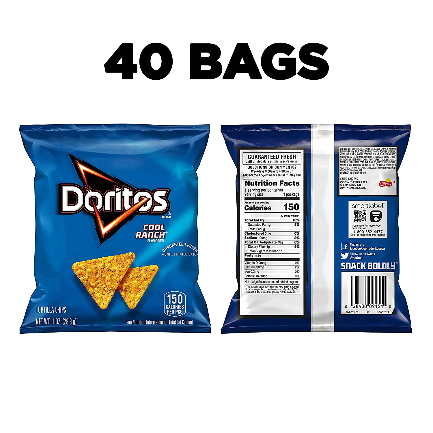 Doritos Cool Ranch Flavored Tortilla Chips Snacks Multipack, 1 oz Bags, 40 Count Multipack