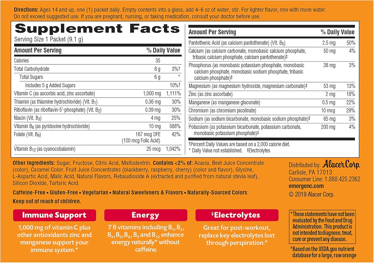Alacer - Emergen-C Vitamin C Energy Booster Raspberry 1000 mg. - 30 Packet(s)