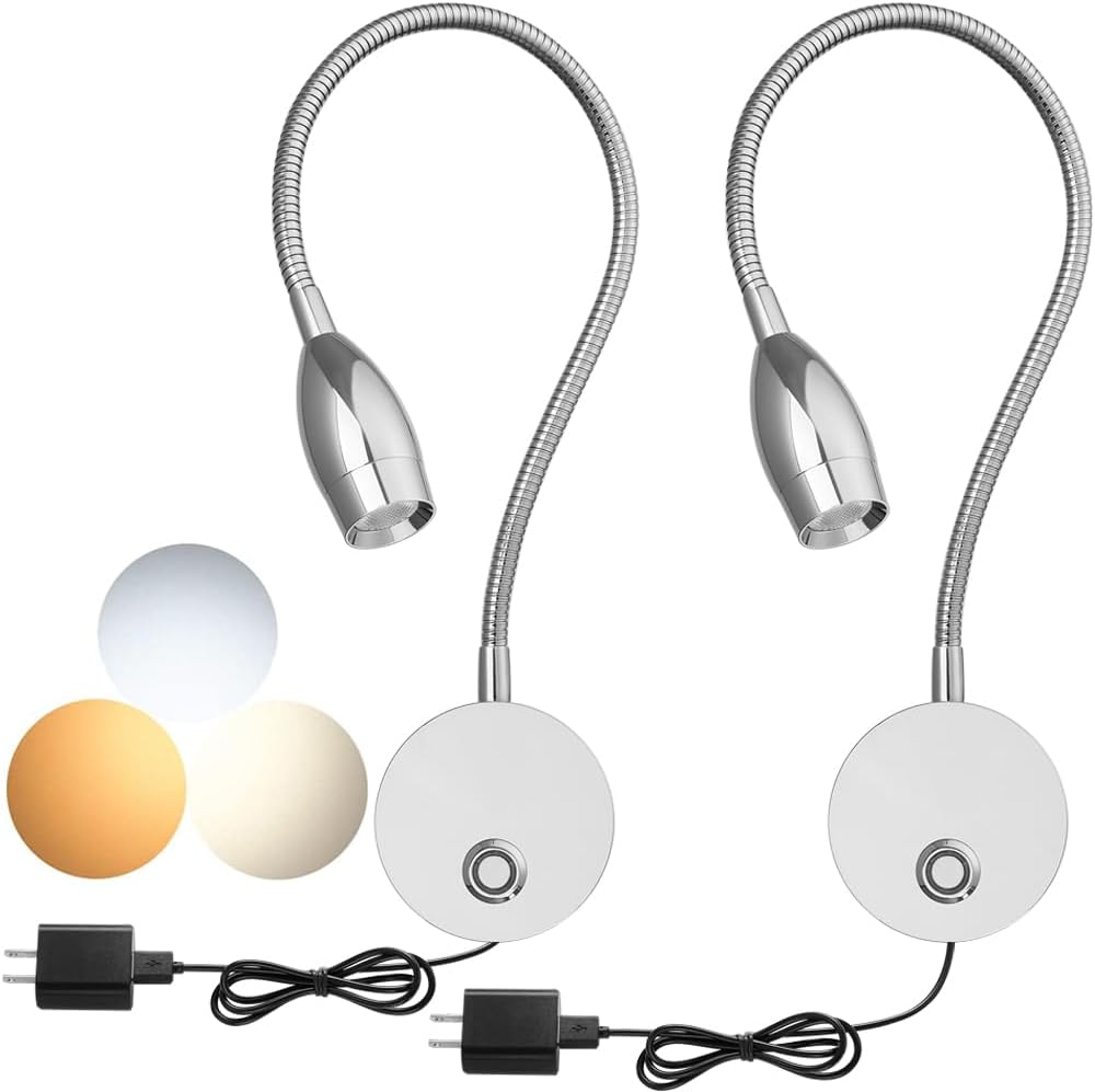 Dimmable LED Reading Lamps,Wall Mount Reading Lights for Bed Headboard,Flexible Gooseneck with Touch Dimmer Plug in Wired Sconce,3Color Modes,10 Brightness Leves,Set of 2,Chrome,2 Pack