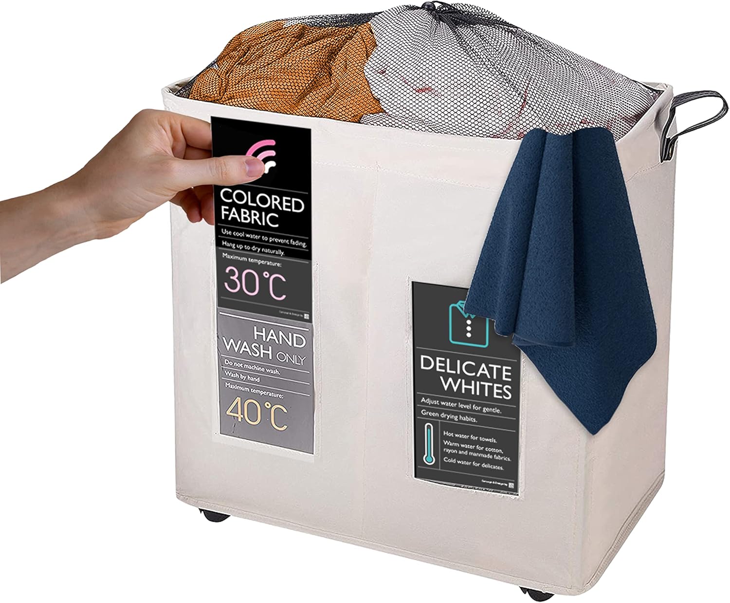 KNIGHT 120L Collapsible Laundry Basket with Wheels - Lightweight, 2 Section, Portable Washing Storage Bin with Mesh Cover & Handles - Durable Fabric (Ivory)