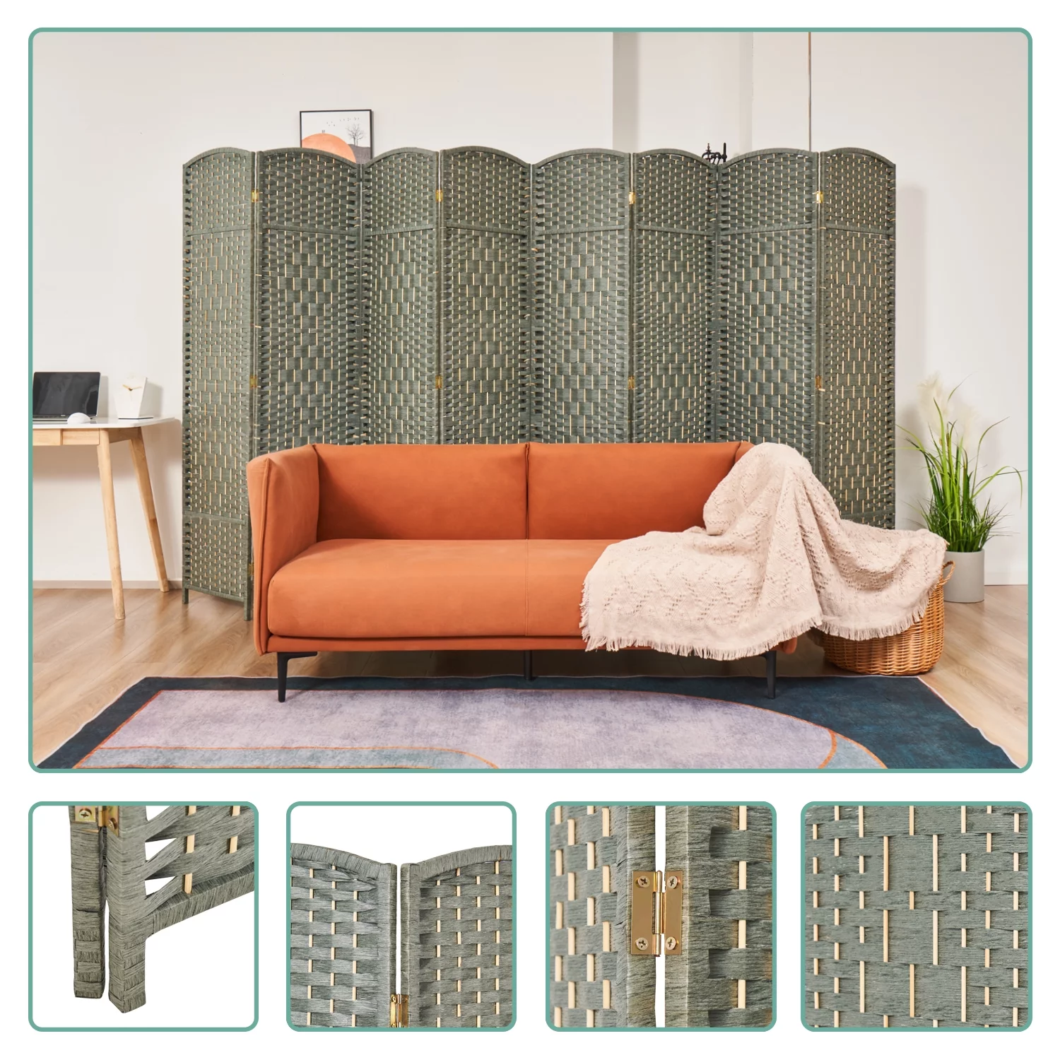 EXCITED WORK 5.7ft Wood Fiber Woven Room Divider 8 Panels, Foldable Mobile Grey Wood Room Divider, Oriental Style Furniture Space Divider