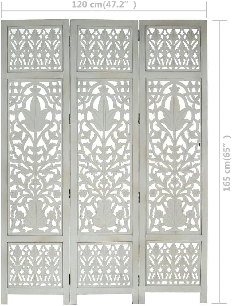 [Hand-Carved Room Divider] - Elegant 3-Panel Gray Wood Screen for Stylish Home Separation - Solid Wood Partition with Exquisite Craftsmanship-Gray (Grey)