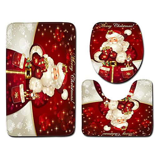 Christmas Bathroom Rugs Sets 3 Piece Santa Toilet Seat Cover Washable Non Slip Mat Bathroom Doormat Toilet Seat Cover U Shaped Floor Mat for Christmas Decoration