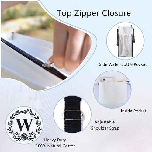 BeeGreen Mother's Day Gifts Personalized Women's Large White and Black Canvas Tote Bag, Embroidered Initials, Leather Handle, Zipper Closure