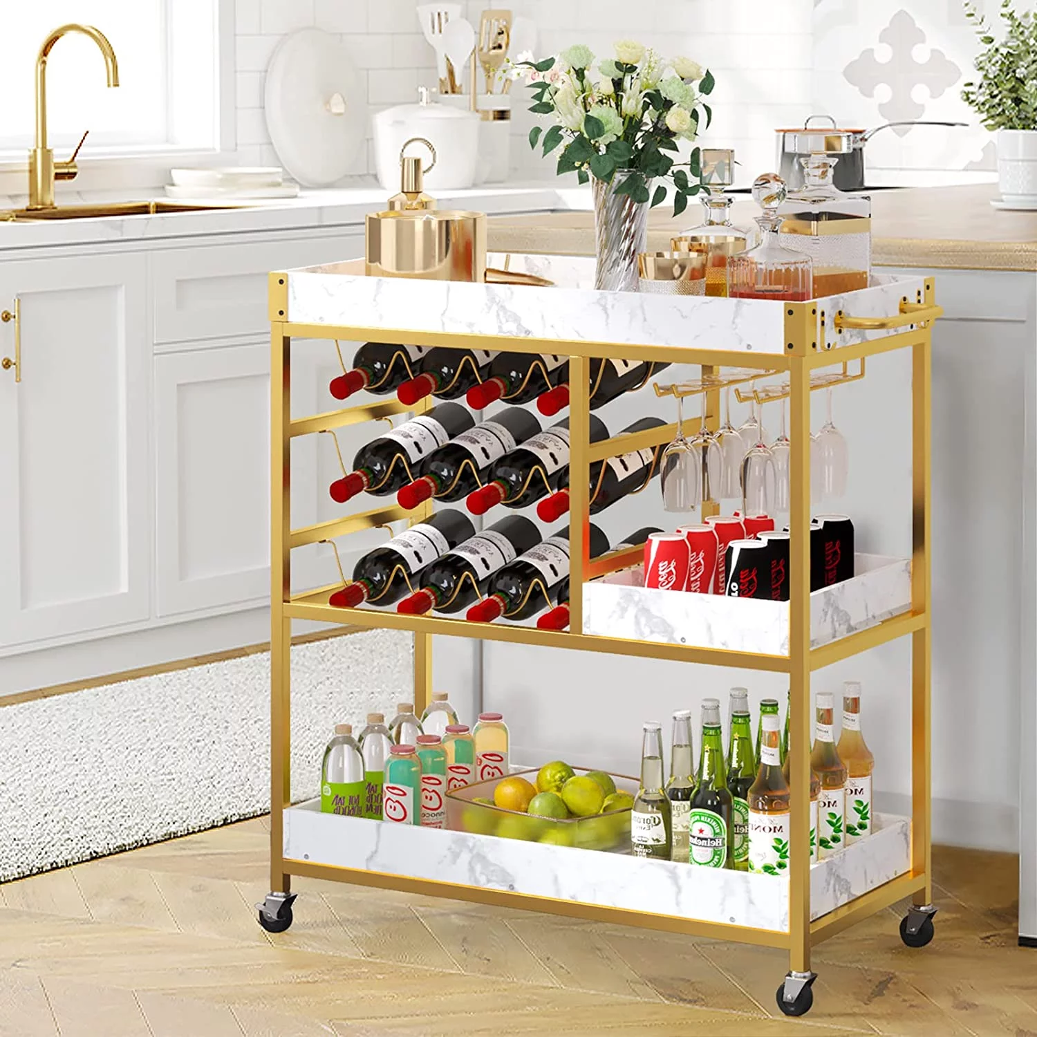 Catrimown Bar Cart Gold, Bar Carts for The Home with 12 Bottle Wine Rack & Wine Glasses Holder, Home Bar Serving Carts with Gold Handle for Kitchen Dining Room
