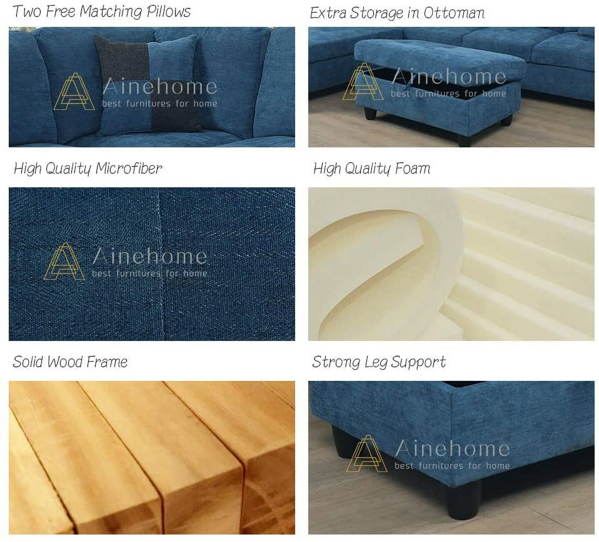 Ainehome Modern Sectional Sofa L-Shape Sectional Fabric Upholstered Couch with Chaise Ottoman Sectional Sleeper Sofa (Right Hand Facing, Lake Blue)