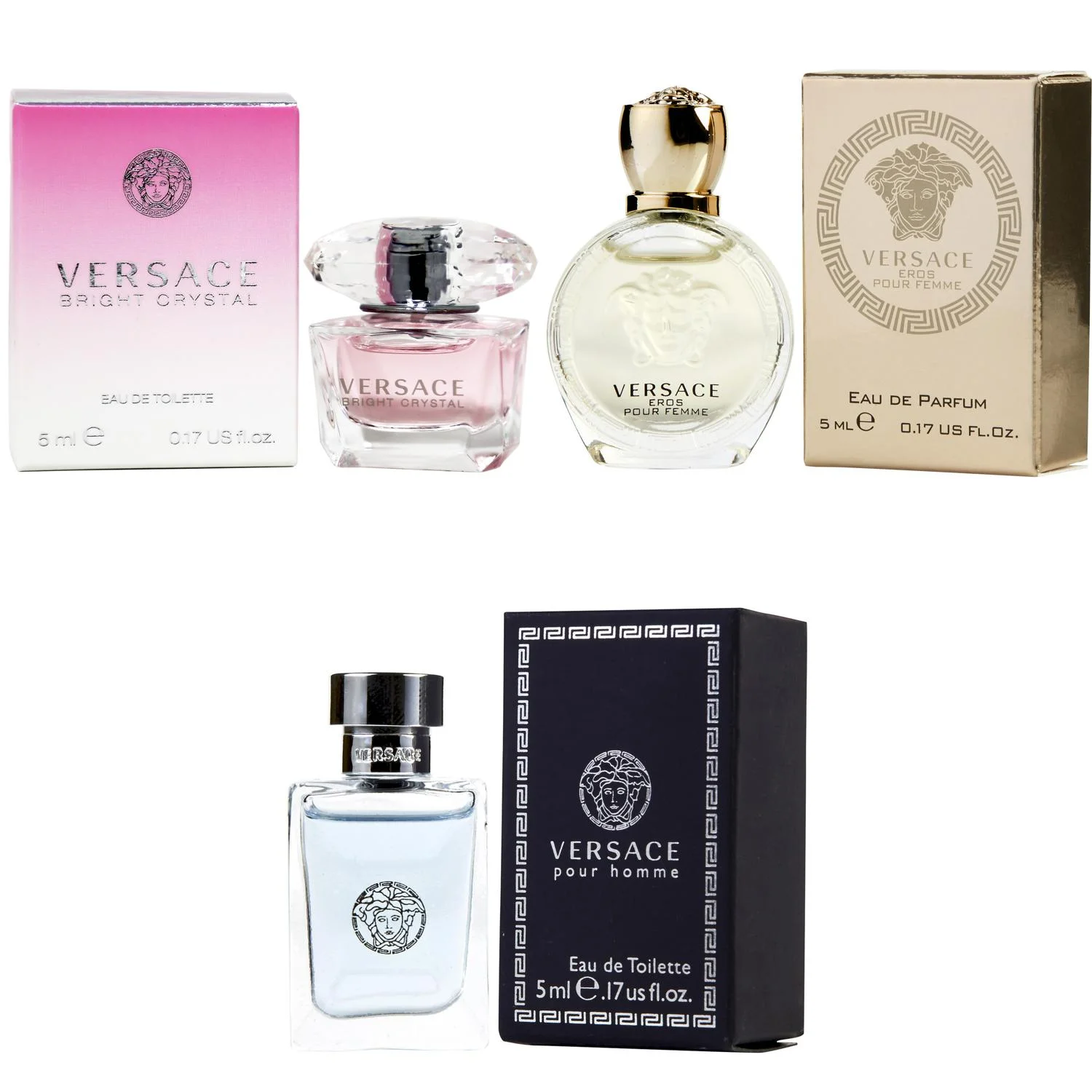 Versace Bright Crystal EDT, Eros Women EDP, Pour Homme EDT - 5ml 3PK Kit