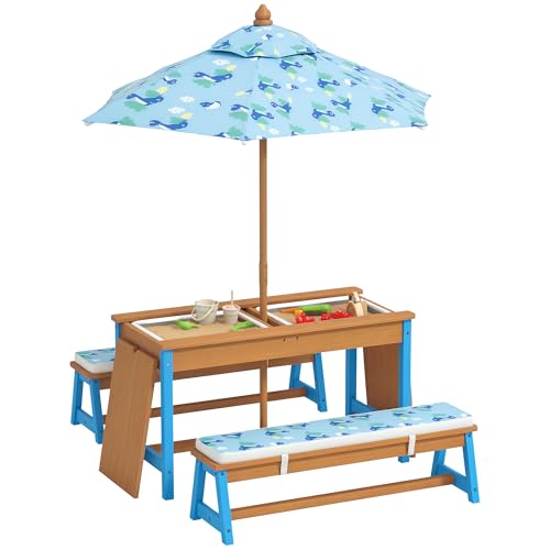 Qaba Kids Picnic Table, Wooden Table and Bench Set with Foldable Umbrella, Removable Cushions & Boxes, Dinosaur Theme Children Activity Table Outdoor Furniture for Patio, Blue