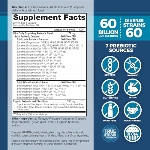 Vital Planet - Vital Flora Ultra Daily Probiotic 60 Billion CFU, Diverse Strains, Organic Prebiotics, Immune Support, Bloating Relief, Digestive Health Probiotics for Women and Men 30 Capsules