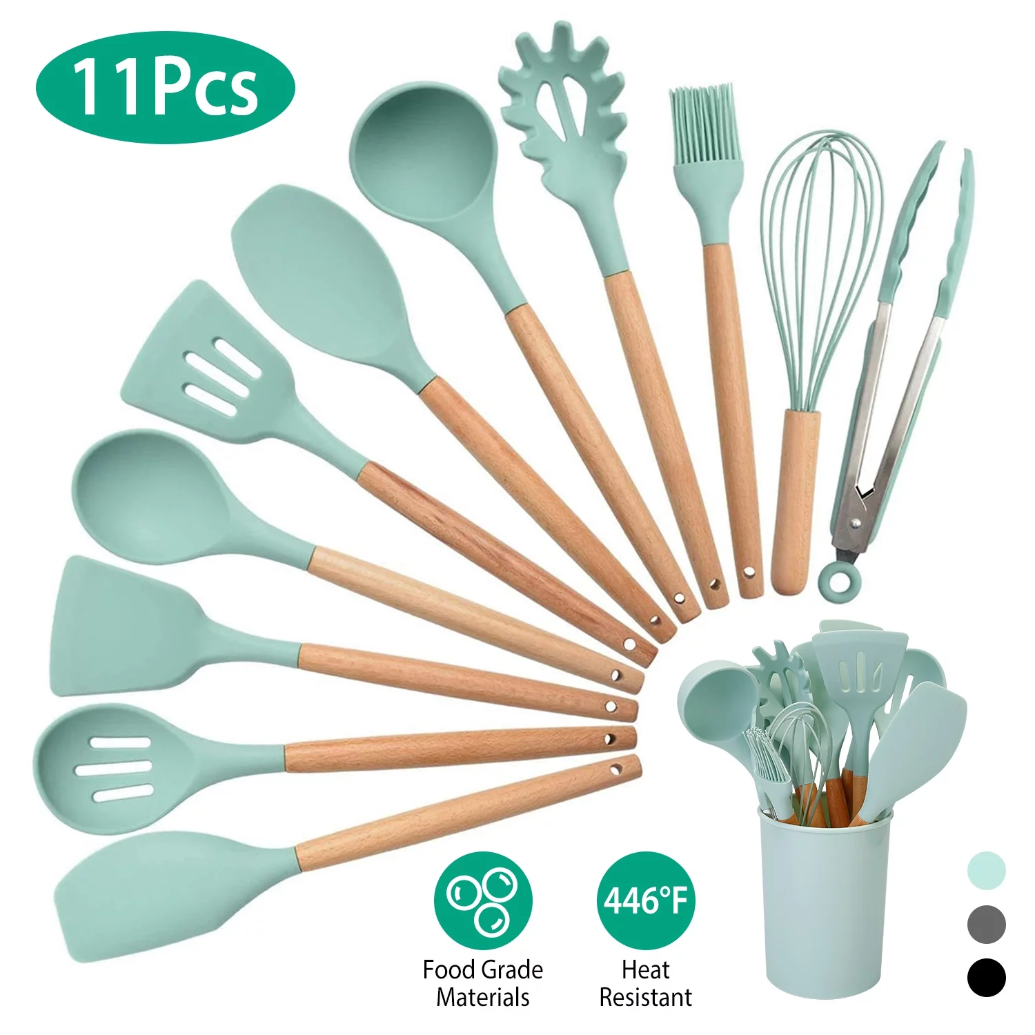 iMounTEK 11-Piece Silicone Cooking Utensil Set with Heat-Resistant Wooden Handles - Spatula, Turner, Ladle, Spaghetti Server, Tongs, Spoon, Egg Whisk, Kitchenware Set, Green