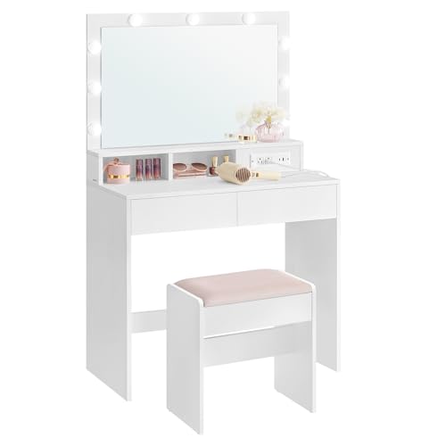 VASAGLE Vanity Desk with Mirror and Lights, 35.4-Inch Wide Makeup Vanity with Upholstered Vanity Stool, Power Outlets, Dimmable LED Lights, Storage Drawer, for Bedroom, Cloud White URDT128W01