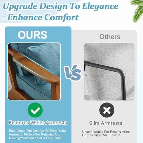 VINGLI Solid Wood Wide Armrests Accent Chair,Upholstered Mid Century Modern Chair with Pillow,Comfy Reading Chair Farmhouse Arm Chair,Chairs Living Room,Bedroom,Guest Room,Linen Fabric,Beige