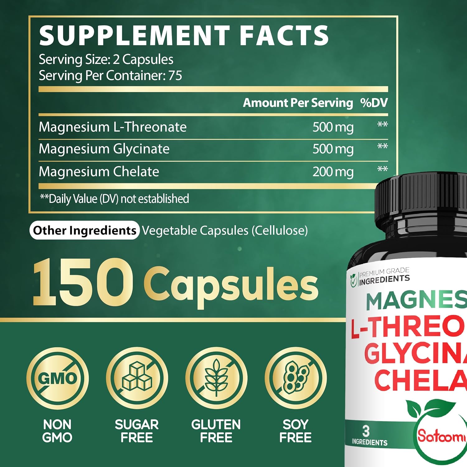 Satoomi 1200mg 3in1 Magnesium L-Threonate 500mg Supplement with Magnesium Glycinate 500mg & Magnesium Chelate 200mg - 150 Vegan Capsules