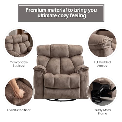 INZOY Massage Swivel Rocker Recliner with Heat and Vibration, Manual Rocking Recliner Chair with Vibrating Massage, Comfy Padded Overstuffed Soft Fabric Heated Recliner, Brown