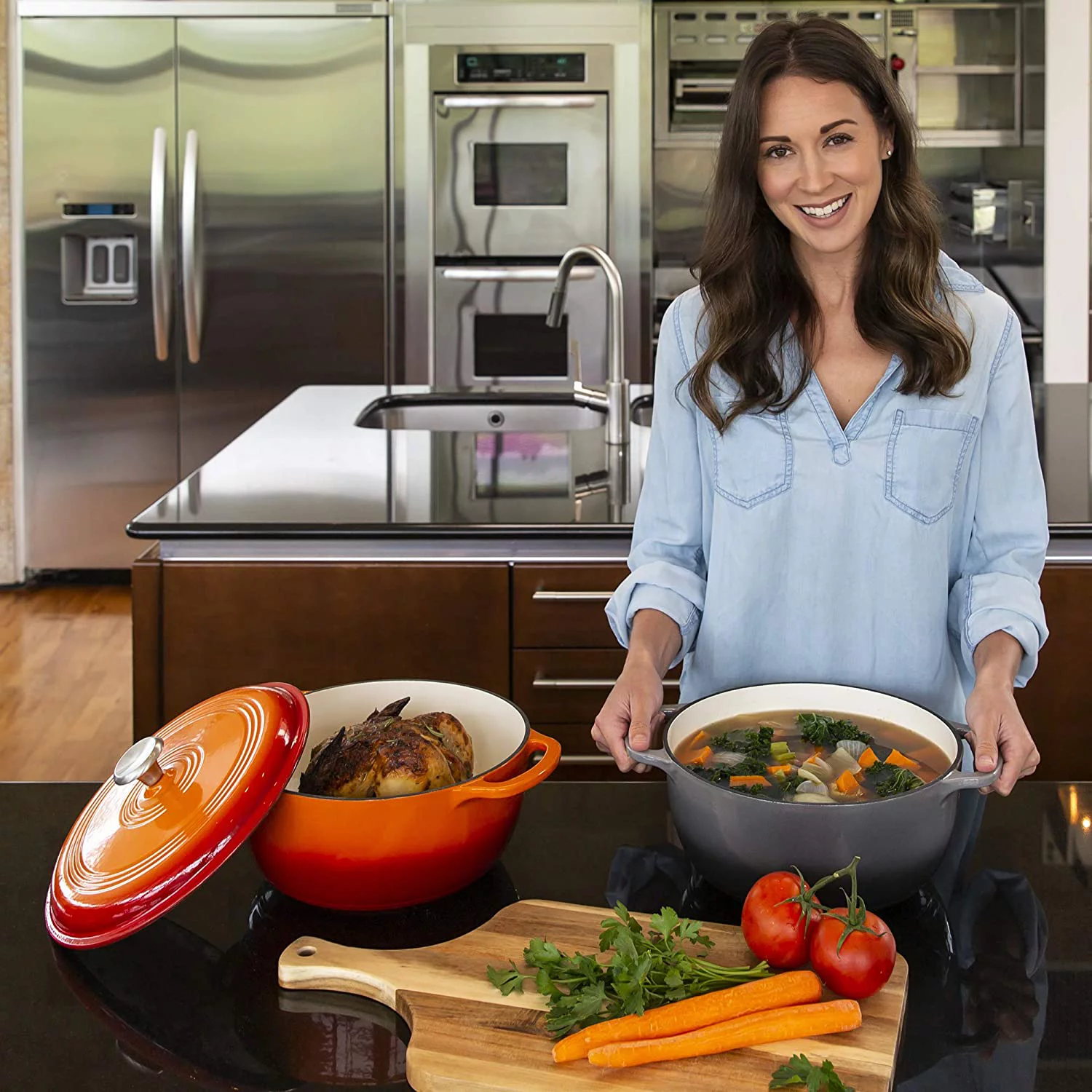 6qt Ceramic Non-Stick Heavy-Duty Cast Iron Dutch Oven w/Enamel Coating, Side Handles for Baking, Roasting, Braising, Gas, Electric, Induction, Oven Compatible, Gray