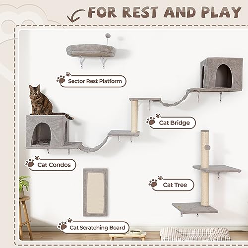 COZIWOW 8-in-1 Cat Wall Furniture Set – Wall Mounted Cat Climbing Wall Shelves with Tree, Perch, Scratching Post and Bridge for Large Cats (Gray)