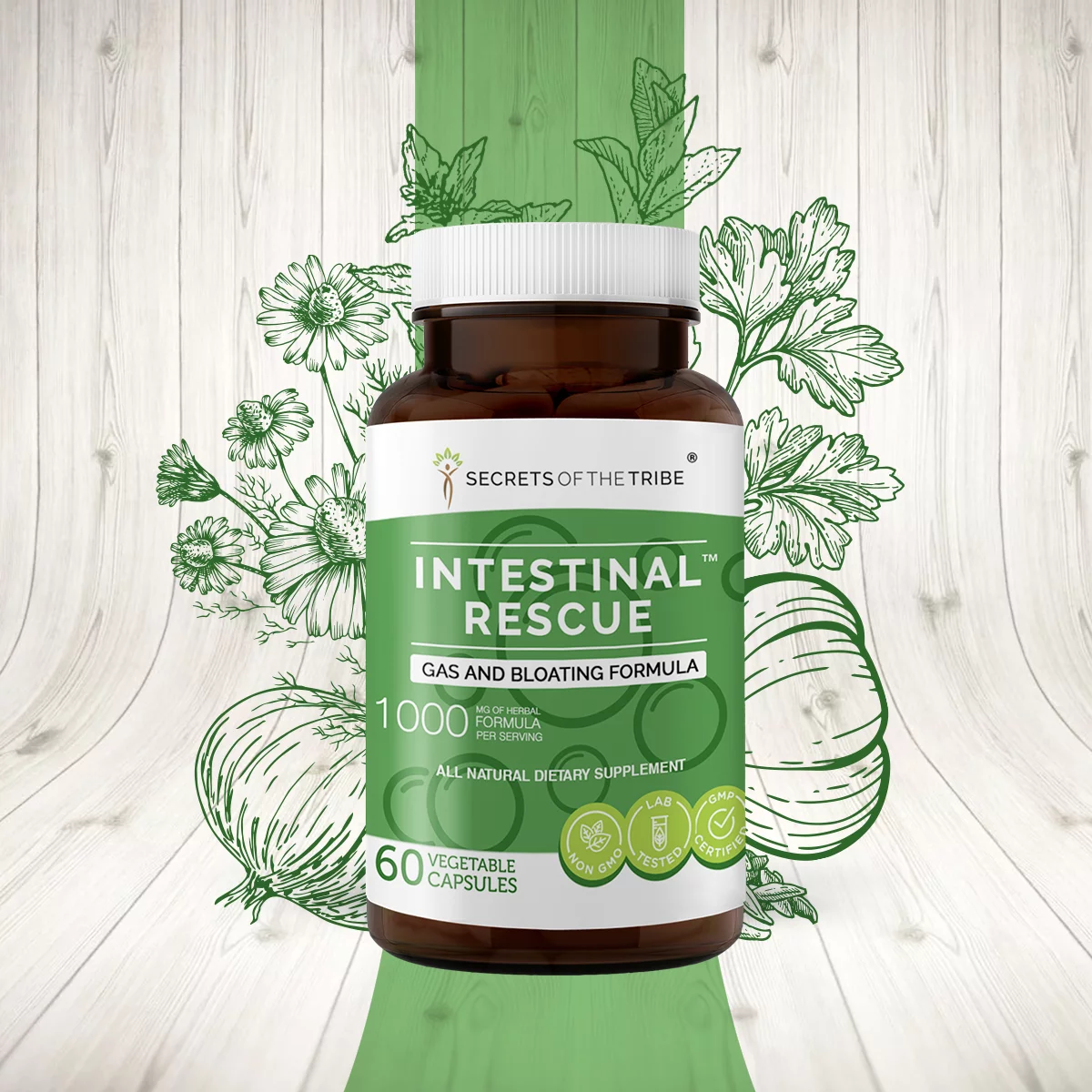 Intestinal Rescue 60 Capsules, 500 mg, Parsley, Chamomile, Caraway, Garlic, Onion, Peppermint. Gas and Bloating Formula