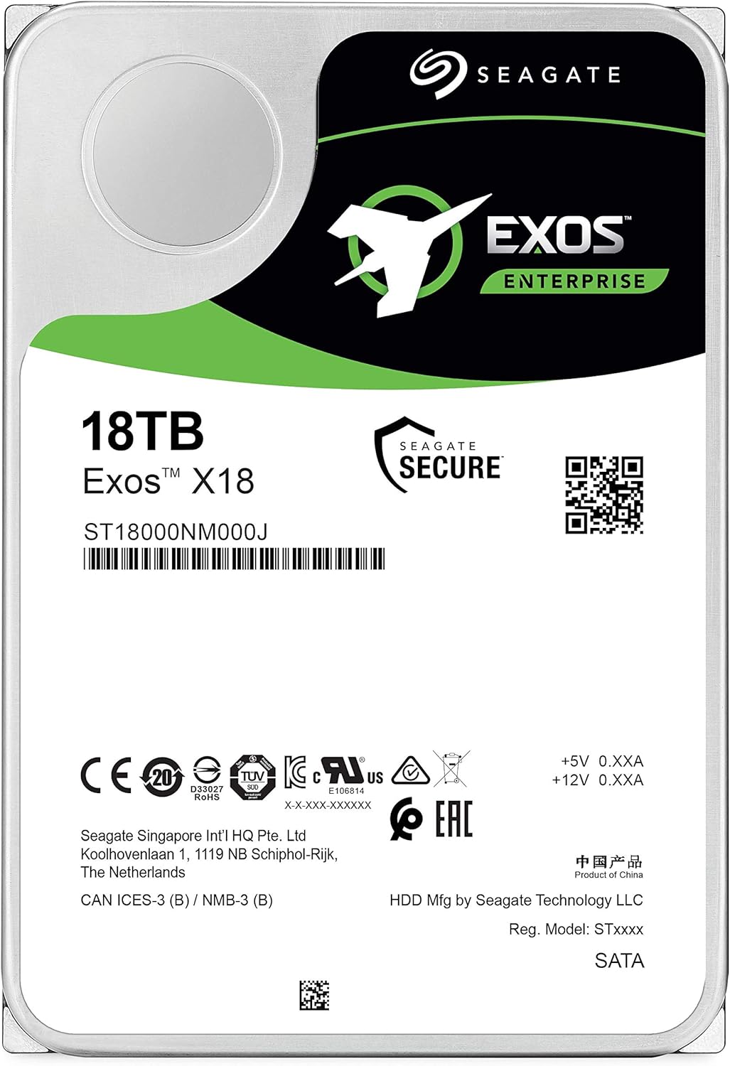Seagate Exos X18 18TB Enterprise HDD - CMR 3.5 Inch Hyperscale SATA 6Gb/s, 7200 RPM, 512e and 4Kn FastFormat, Low Latency with Enhanced Caching (ST18000NM000J)