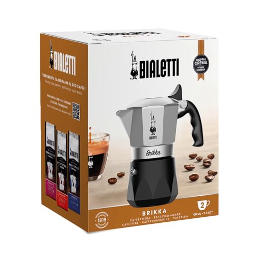 Bialetti - New Brikka, Moka Pot, the Only Stovetop Coffee Maker Capable of Producing a Crema-Rich Espresso, 2 Cups (3,4 Oz), Aluminum and Black