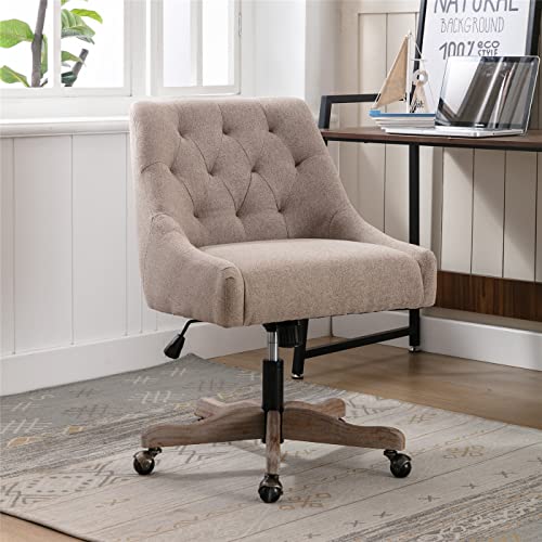 Swivel Office Chair, Modern Tufted Linen Upholstered Swivel Task Chair with Wood Base and Wheels, Height Adjustable Work Chair Leisure Shell Vanity Chair for Bedroom Living Room, Beige