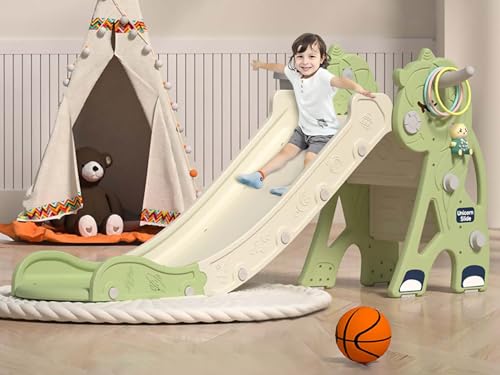 Toddler Slide for Toddler Age 1-3 Indoor Plastic Slide Outdoor Playground Climber Slide Playset with Basketball Hoop & Ring Game (Unicorns-Pink)