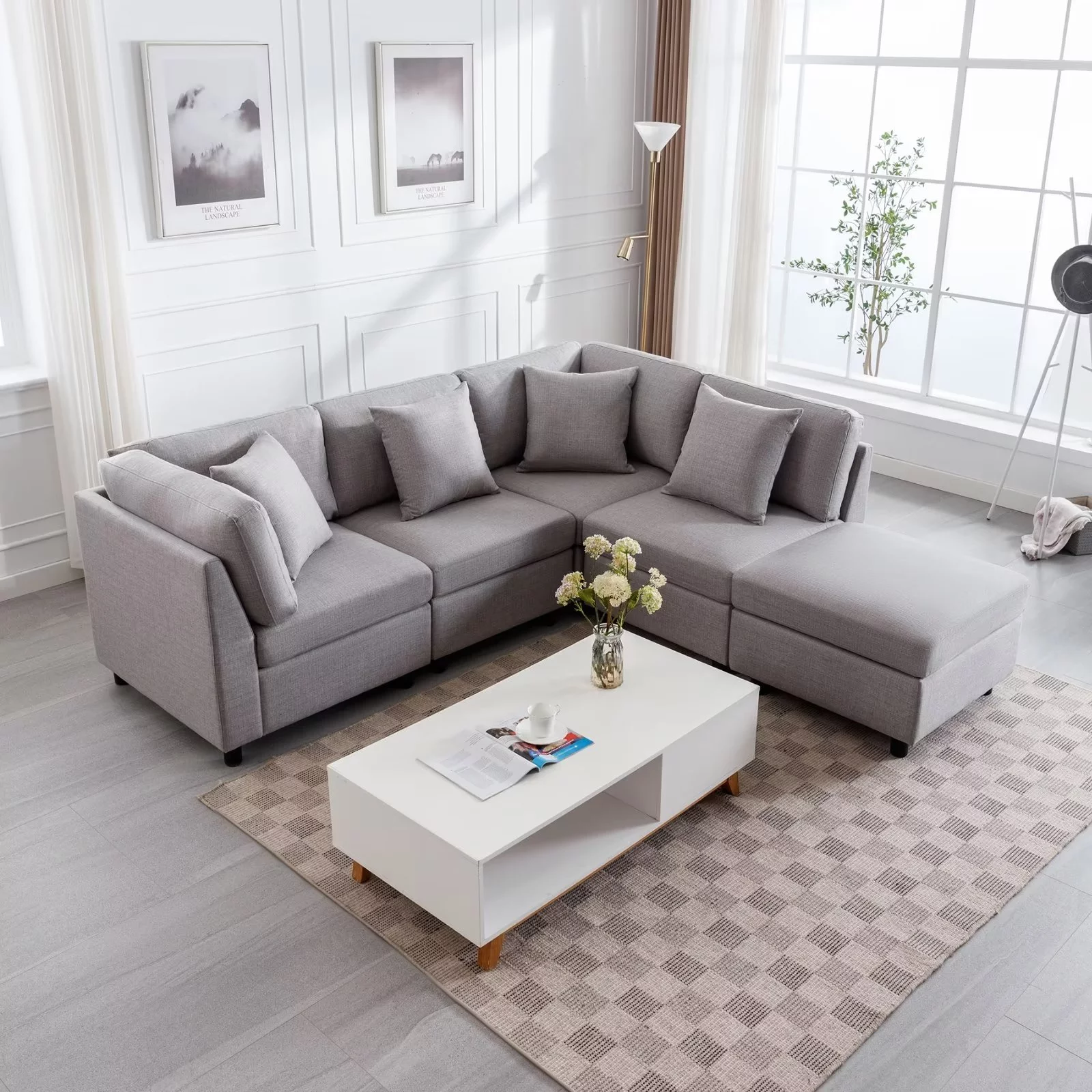 Morden Fort Modular Oversized Sectional Sofa with Chaise Ottman for Living Room Linen Gray