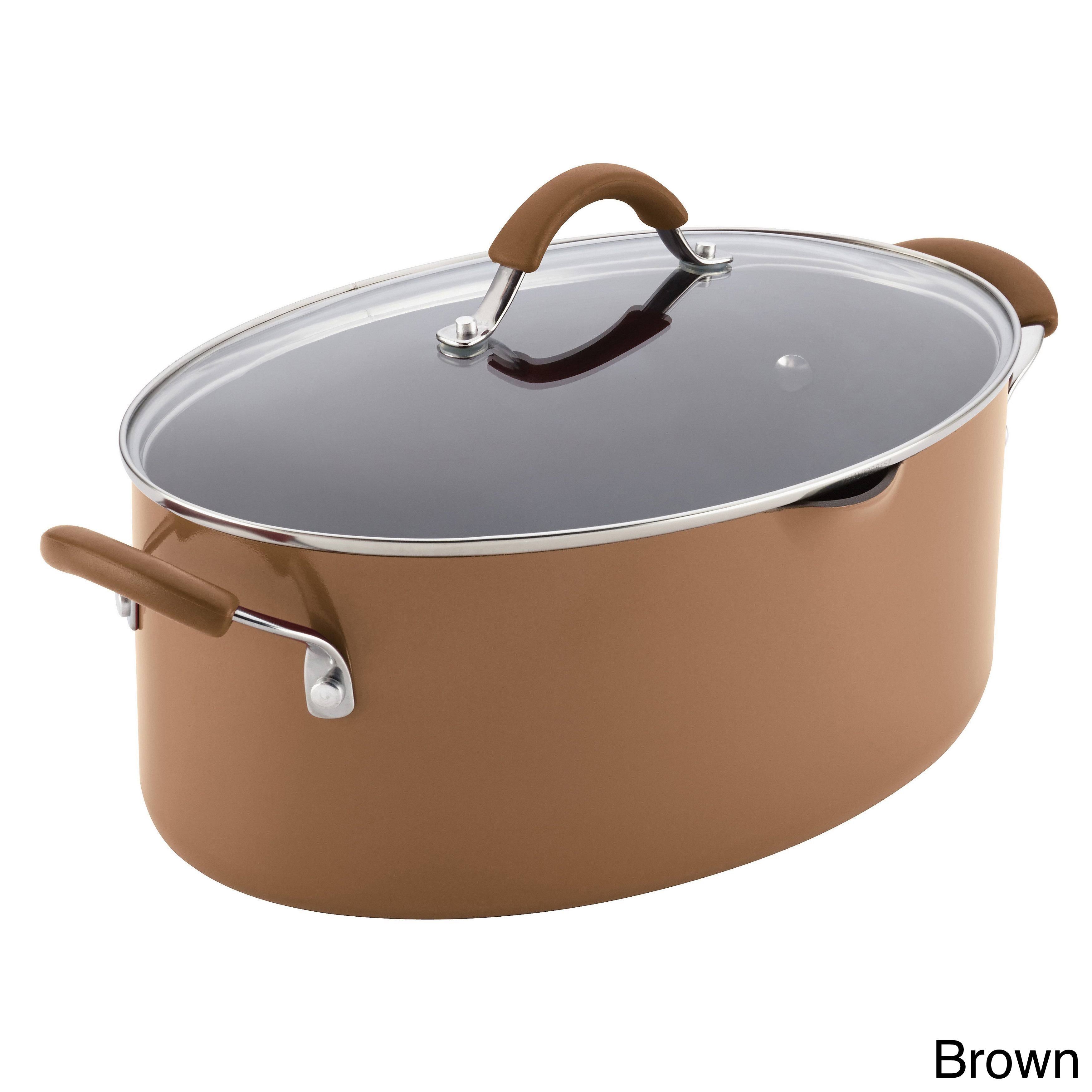 Rachael Ray Cucina Hard Enamel Nonstick 8-Quart Covered Oval Pasta Pot with Pour Spout, Agave Blue