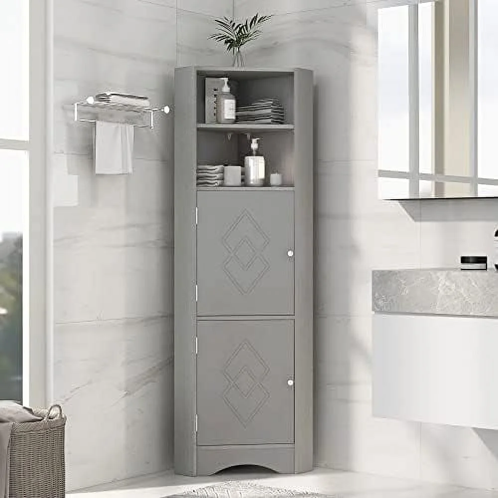 TJUNBOLIFE Corner Cabinet with Doors  Corner Bathroom  Cabinet with 2 Adjustable Shelves  Freestanding Bathroom Floor Corner Cabinet for Kitchen  Bathroom  Living Room (Gray)
