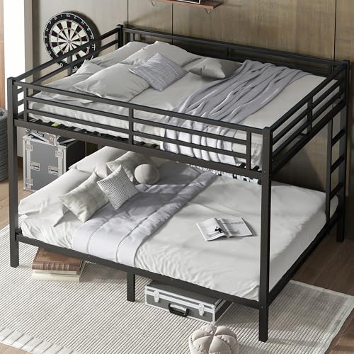 Heavy Duty Bunk Bed Frame with Ladder, Twin XL Over Twin XL Bunk Beds with Safety Guardrails, Adults Bunk Beds with Noise-Reducing Rubber Stoppers, Easy Assemble, Black