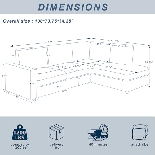 100“ L Shaped Couch with Reversible Chaise, Convertible 4 Seater Sectional Sofas Couch for Living Room,Apartment (Cream)