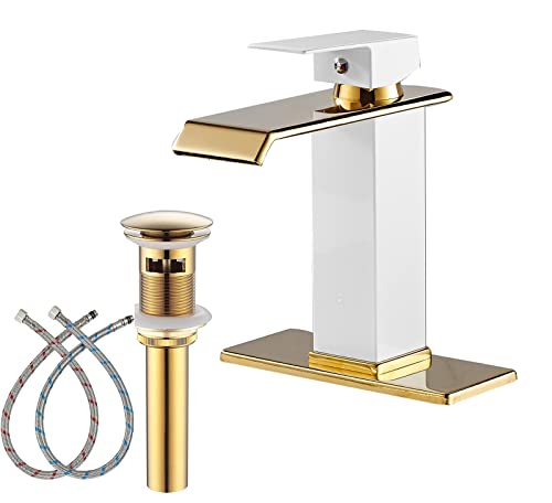 White Gold Faucet Bathroom Vessel Sink Golden Waterfall Spout Faucet Single Handle Bowl Sink Faucet Modern Single Hole Basin Vanity Tall Bathroom Sink Faucet with Pop Up Drain Stopper Supply Hose
