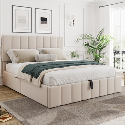 Merax Upholstered Platform Bed with Hydraulic Storage System, Wooden Slat Support and Under Bed Storage, Space-Saving Design, No Box Spring Required, Full Size, Beige
