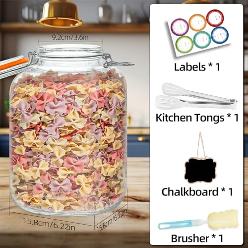 5 Pack 128oz Glass Jar with Airtight Lids,1 Gallon Large Wide Mouth Glass Mason Jar,Glass Storage Jar with 6 Label,Chalkboard,Kitchen Tongs - Large Capacity Jar for Pickle,Oats,Pasta