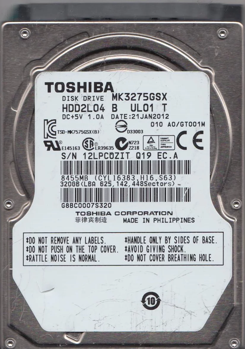 MK3275GSX, A0/GT001M, HDD2L04 B UL01 T, Toshiba 320GB SATA 2.5 Hard Drive