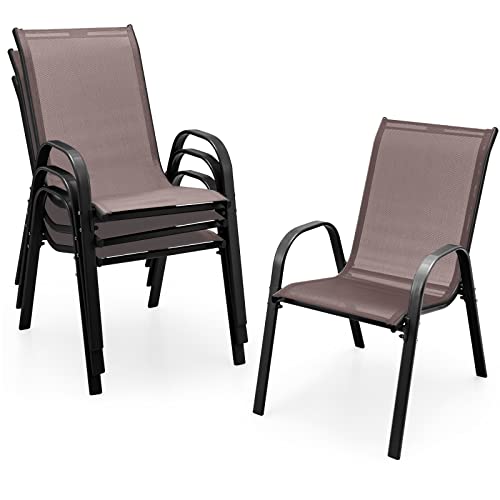 Giantex Set of 4 Patio Chairs, Outdoor Stackable Dining Chairs w/Armrests, 330 LBS Capacity, All Weather Fabric, Heavy Duty Rustproof Steel Frame, Lawn Chairs for Porch, Yard, Pool, Garden (Gray)